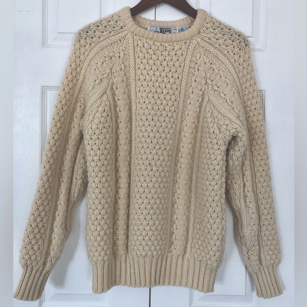 Aran Wool Sweater Cream Pullover Crew Neck Fisherman Sweater Chunky Cable Knit